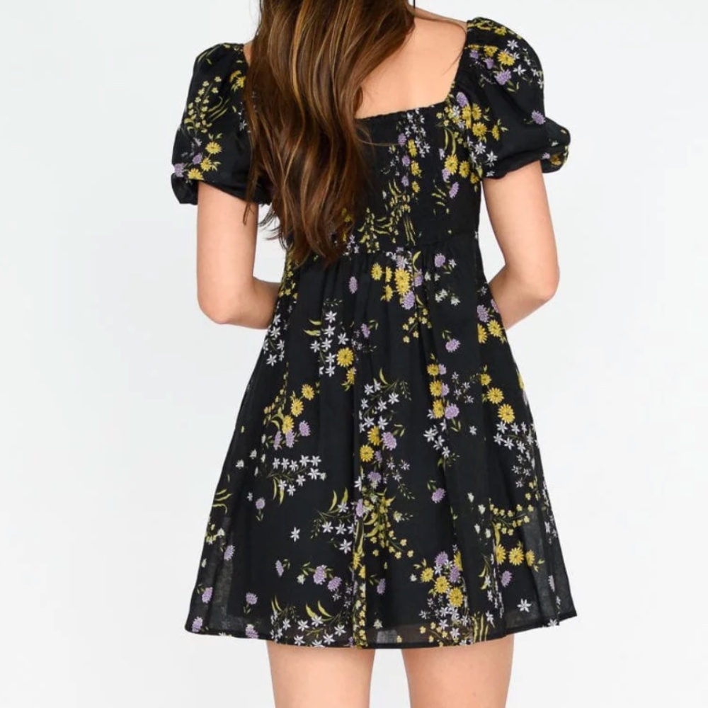 Steve Madden Black Floral Mini Dress – Puff Sleeve Sweetheart - Picture 3 of 7